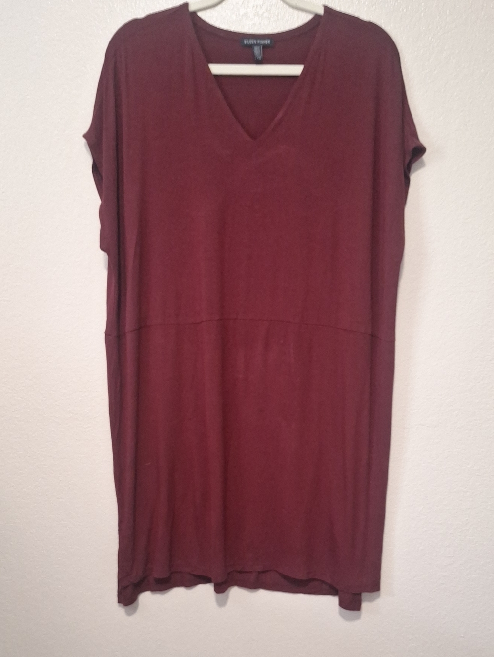 Eileen Fisher V-Neck Flowy Dolman Dress in Wine, Large